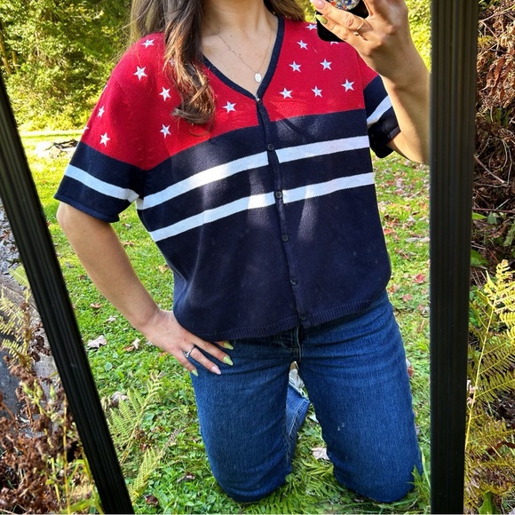 Vintage Norton Studio American Flag Patriotic Printed Short Sleeve Sweater Large - Picture 1 of 5